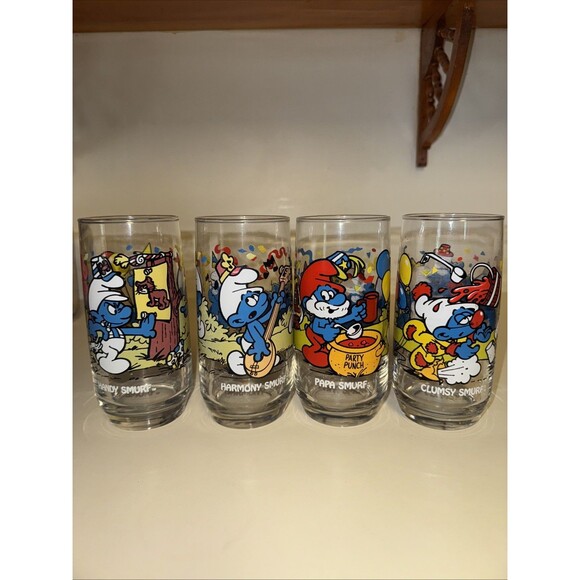 Other - Smurf Collector Glasses Wallace Berrie PEYO 1983 Lot 4 Harmony Handy Papa Clumsy